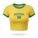 Cropped Brasil Canelado Manga Curta Bordado Baby Tee Feminino | VAI DAR BRASIL