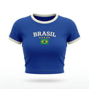 Cropped Brasil Canelado Manga Curta Bordado Baby Tee Feminino | VAI DAR BRASIL