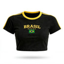 Cropped Brasil Canelado Manga Curta Bordado Baby Tee Feminino | VAI DAR BRASIL