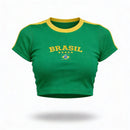 Cropped Brasil Canelado Manga Curta Bordado Baby Tee Feminino | VAI DAR BRASIL