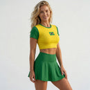 Conjunto Brasil Cropped Manga Short Saia Bandeira Suplex Feminino | VAI DAR BRASIL