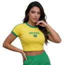 Cropped Brasil Canelado Manga Curta Bordado Baby Tee Feminino | VAI DAR BRASIL