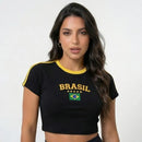 Cropped Brasil Canelado Manga Curta Bordado Baby Tee Feminino | VAI DAR BRASIL